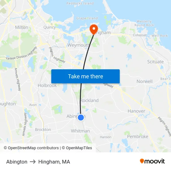 Abington to Hingham, MA map