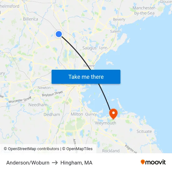 Anderson/Woburn to Hingham, MA map