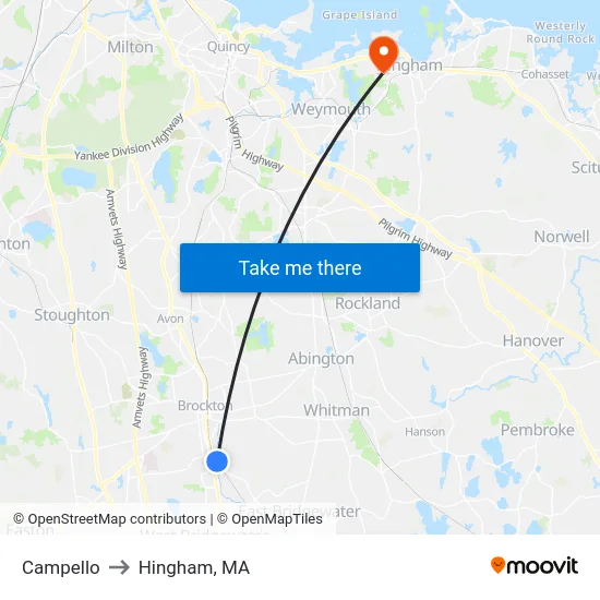 Campello to Hingham, MA map