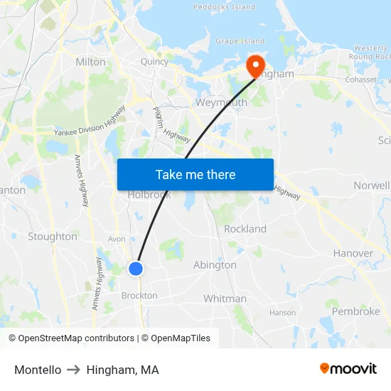 Montello to Hingham, MA map