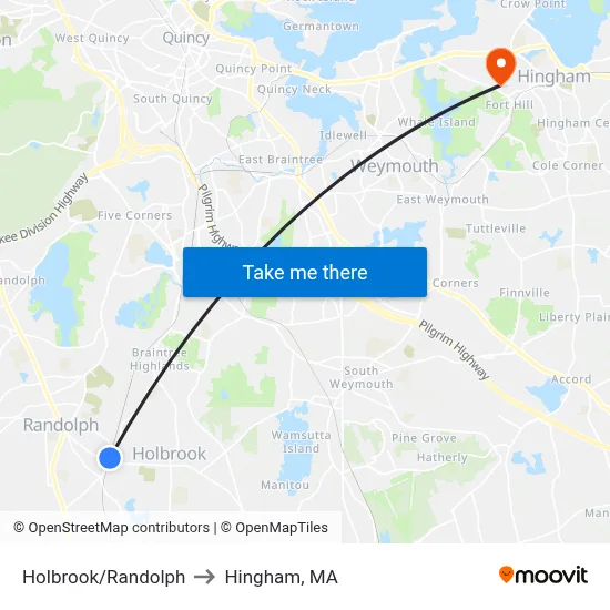 Holbrook/Randolph to Hingham, MA map