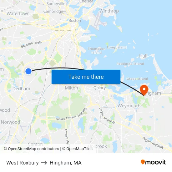 West Roxbury to Hingham, MA map