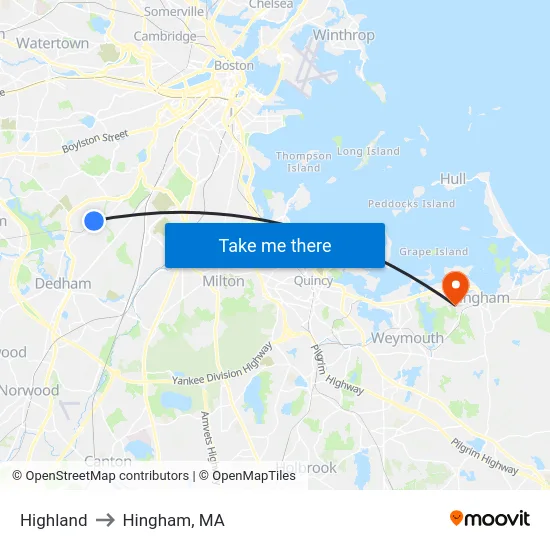 Highland to Hingham, MA map