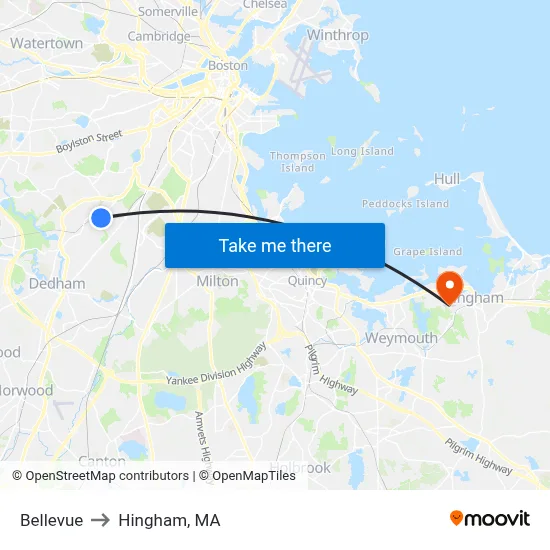 Bellevue to Hingham, MA map