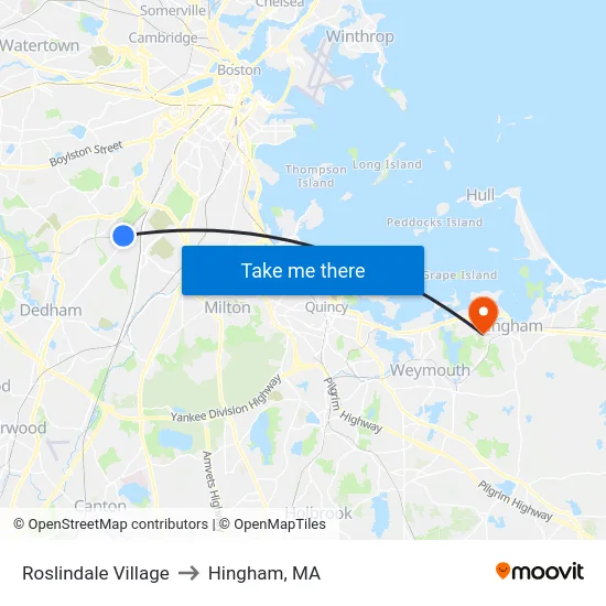 Roslindale Village to Hingham, MA map