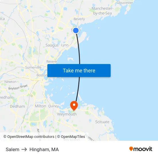 Salem to Hingham, MA map