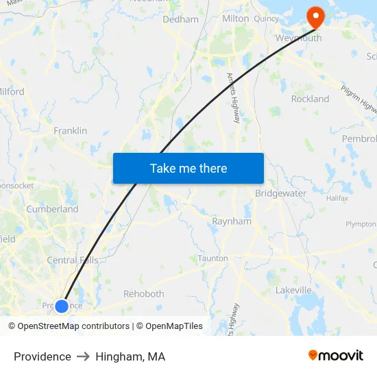 Providence to Hingham, MA map