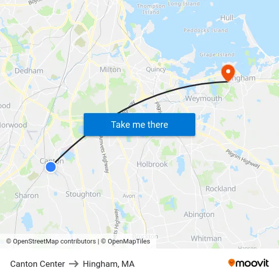 Canton Center to Hingham, MA map