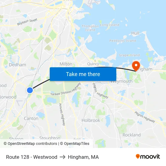 Route 128 - Westwood to Hingham, MA map