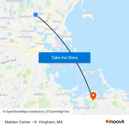 Malden Center to Hingham, MA map
