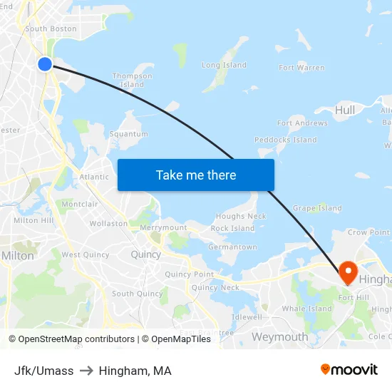 Jfk/Umass to Hingham, MA map
