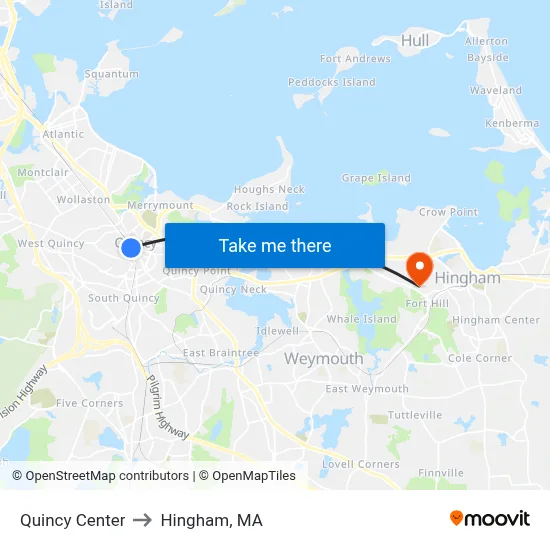 Quincy Center to Hingham, MA map