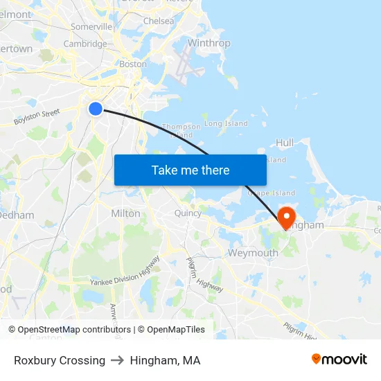Roxbury Crossing to Hingham, MA map