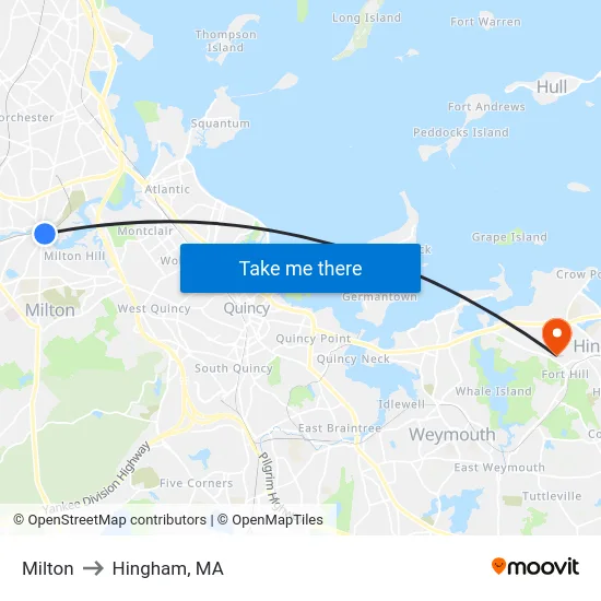 Milton to Hingham, MA map