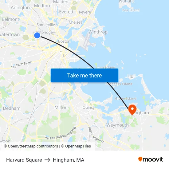 Harvard Square to Hingham, MA map
