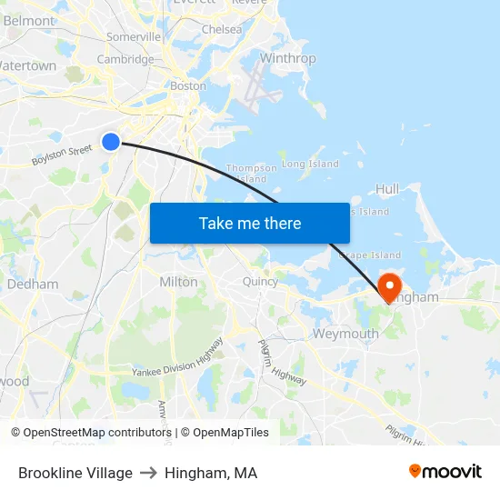 Brookline Village to Hingham, MA map