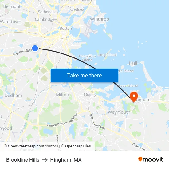 Brookline Hills to Hingham, MA map