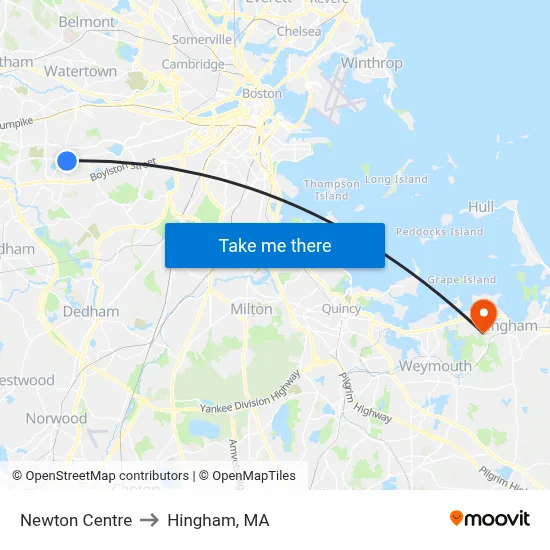 Newton Centre to Hingham, MA map