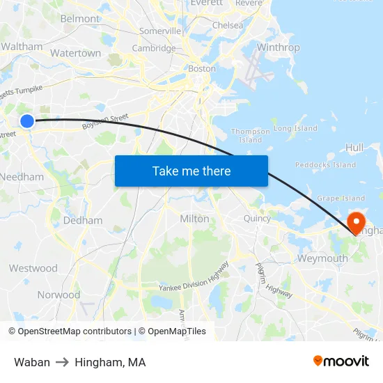 Waban to Hingham, MA map