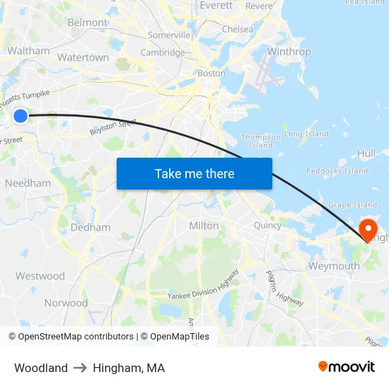 Woodland to Hingham, MA map