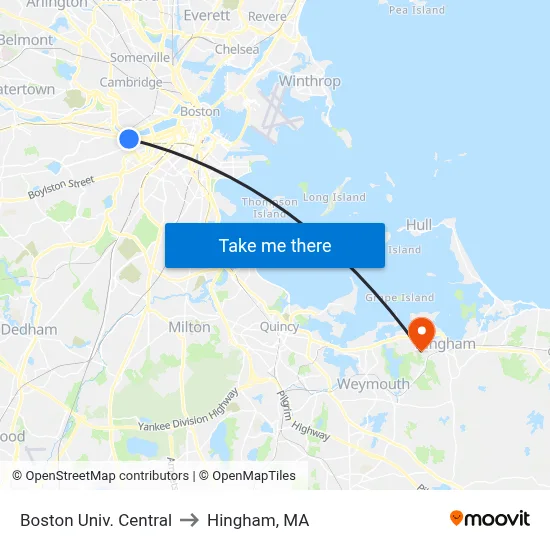 Boston Univ. Central to Hingham, MA map
