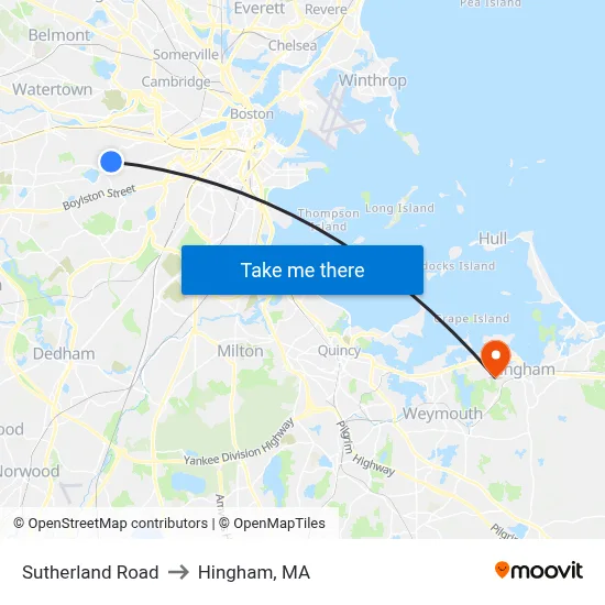 Sutherland Road to Hingham, MA map