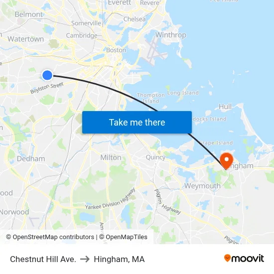 Chestnut Hill Ave. to Hingham, MA map