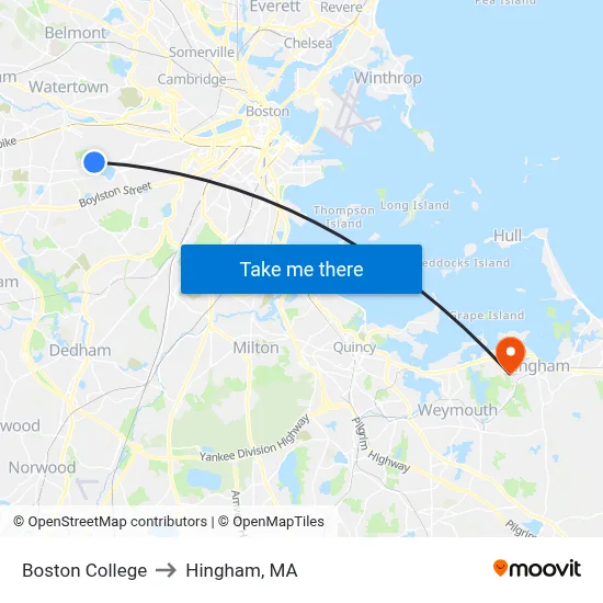 Boston College to Hingham, MA map
