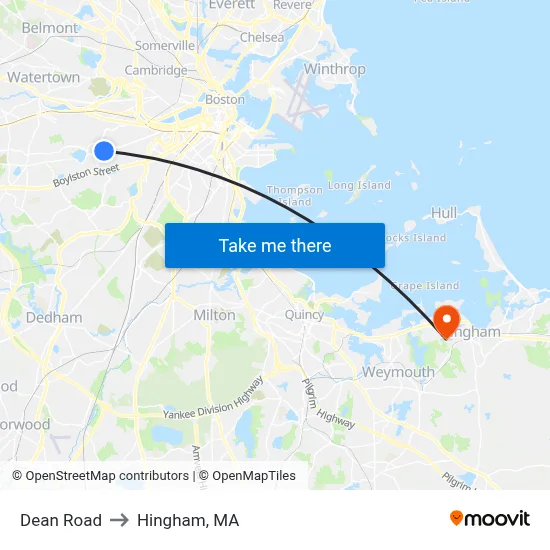 Dean Road to Hingham, MA map