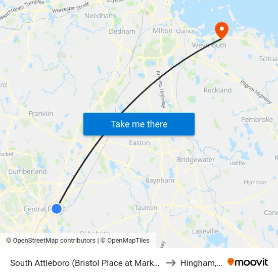 South Attleboro (Bristol Place at Market Basket) to Hingham, MA map