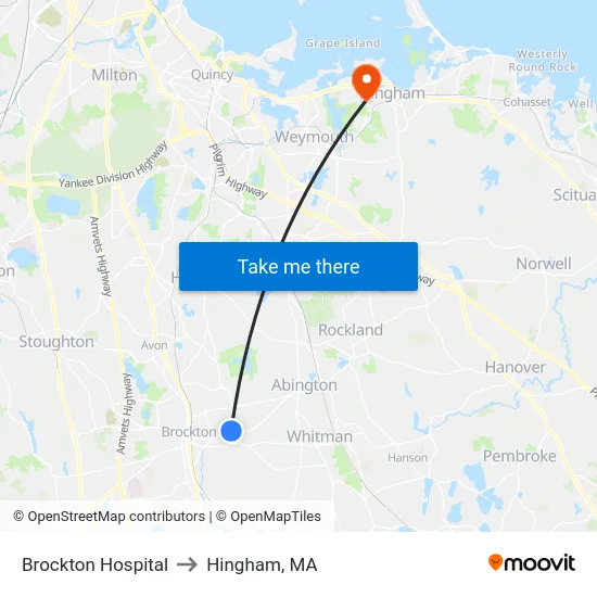 Brockton Hospital to Hingham, MA map
