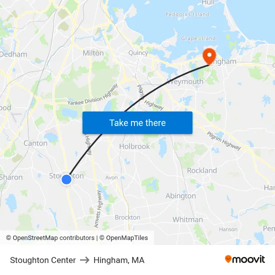 Stoughton Center to Hingham, MA map