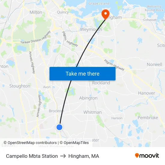 Campello Mbta Station to Hingham, MA map