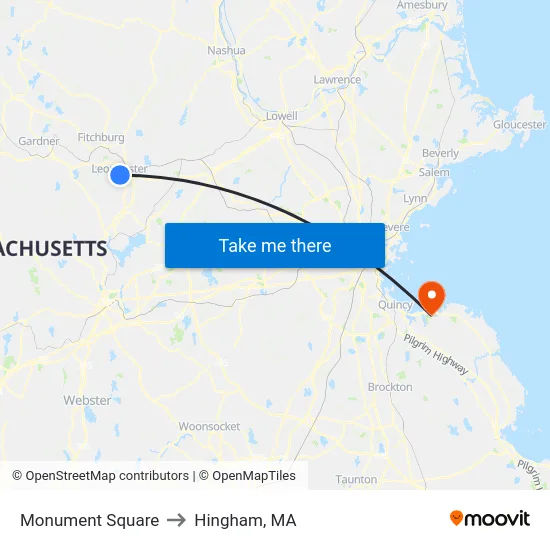 Monument Square to Hingham, MA map