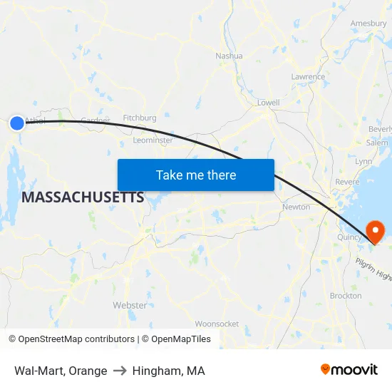 Wal-Mart, Orange to Hingham, MA map
