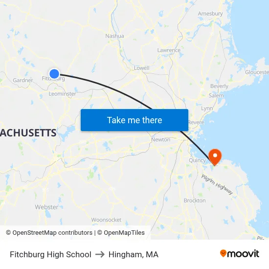 Fitchburg High School to Hingham, MA map