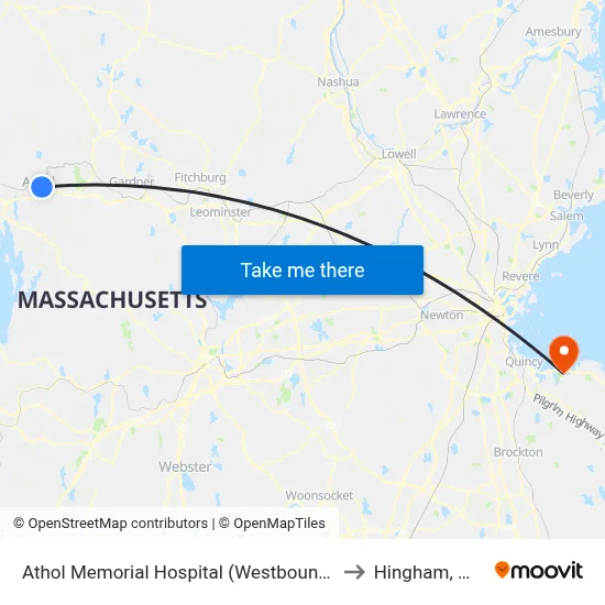 Athol Memorial Hospital (Westbound) to Hingham, MA map