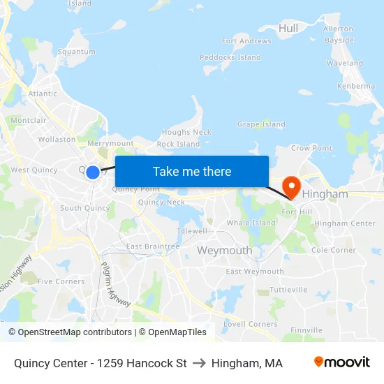 Quincy Center - 1259 Hancock St to Hingham, MA map