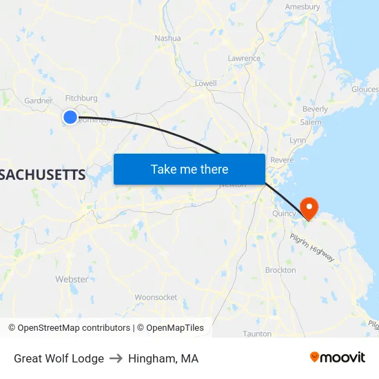 Great Wolf Lodge to Hingham, MA map