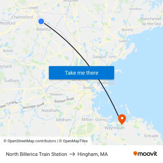 North Billerica Train Station to Hingham, MA map