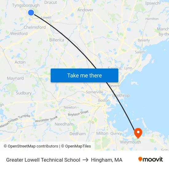 Greater Lowell Technical School to Hingham, MA map