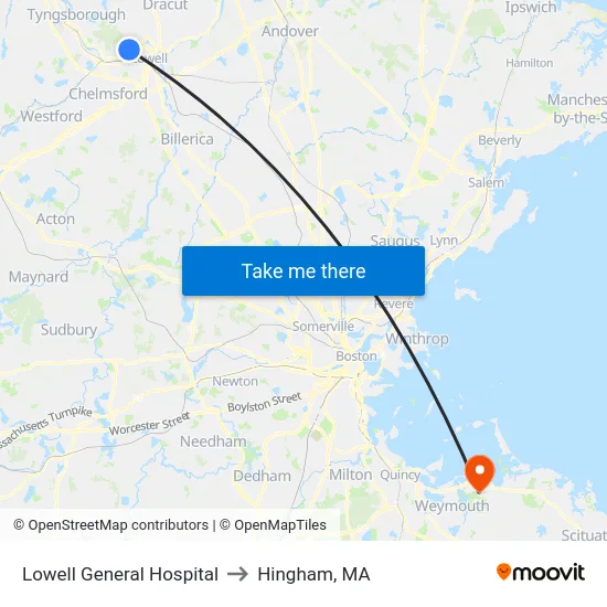 Lowell General Hospital to Hingham, MA map