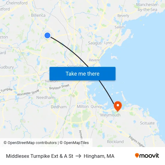 Middlesex Turnpike Ext & A St to Hingham, MA map