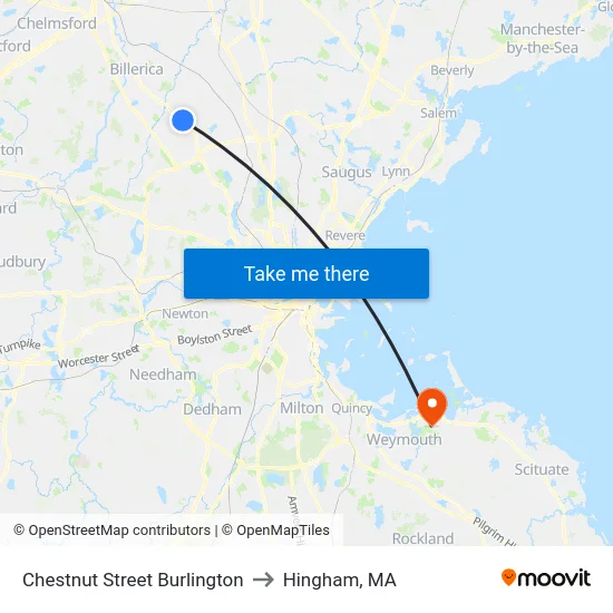 Chestnut Street Burlington to Hingham, MA map
