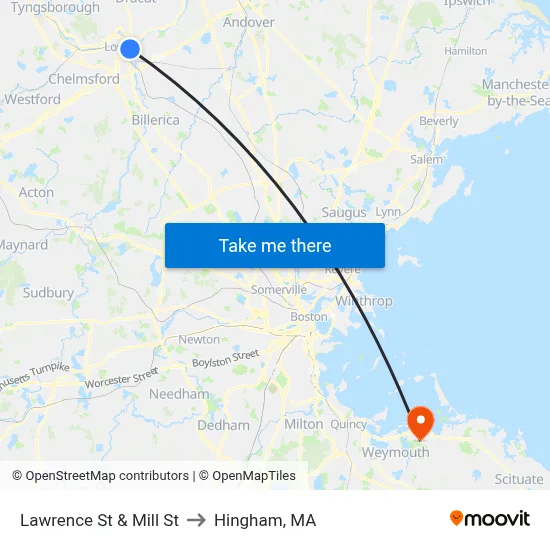 Lawrence St & Mill St to Hingham, MA map