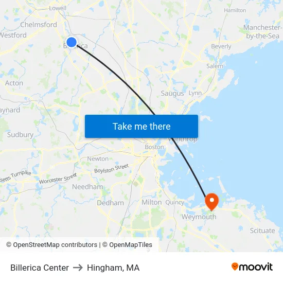 Billerica Center to Hingham, MA map