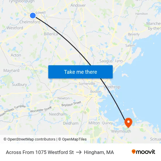 Across From 1075 Westford St to Hingham, MA map