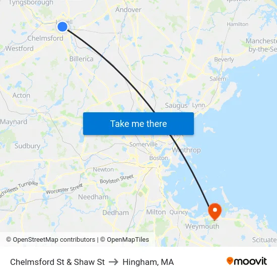 Chelmsford St & Shaw St to Hingham, MA map