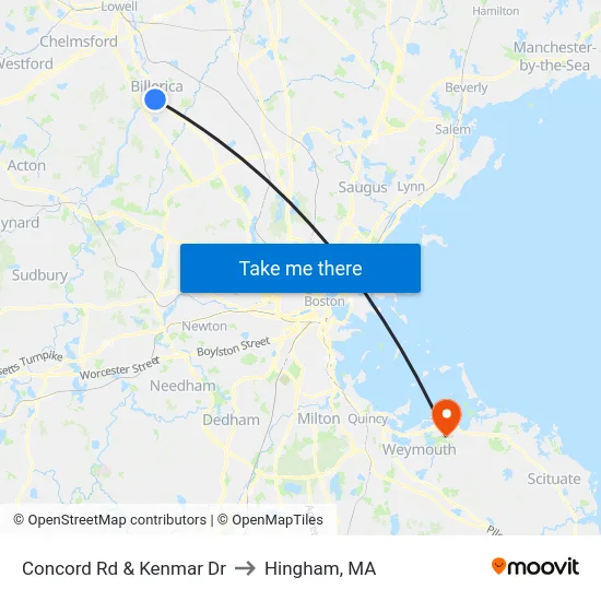 Concord Rd & Kenmar Dr to Hingham, MA map