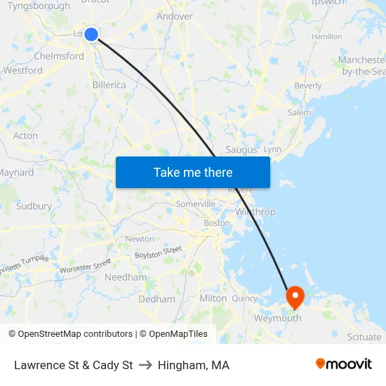 Lawrence St & Cady St to Hingham, MA map
